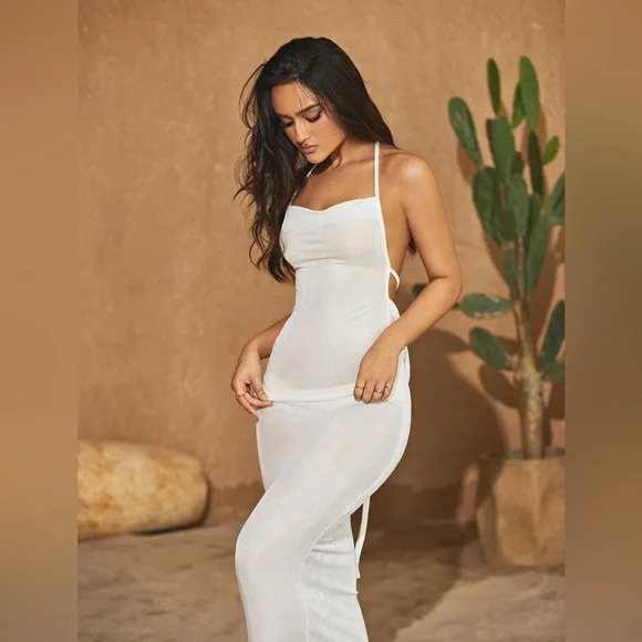 White Backless Maxi Dress | Open Back Draped Cowl Vacation Dress | S | NWT - Picture 1 of 3